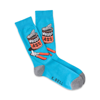 men's blue crew socks with a funny can of whoop ass and can opener design, printed with the words 'whoop ass.'  