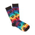 Pair of crew socks with rainbow stripes and black paw prints.  Features black cuffs and a subtle logo.