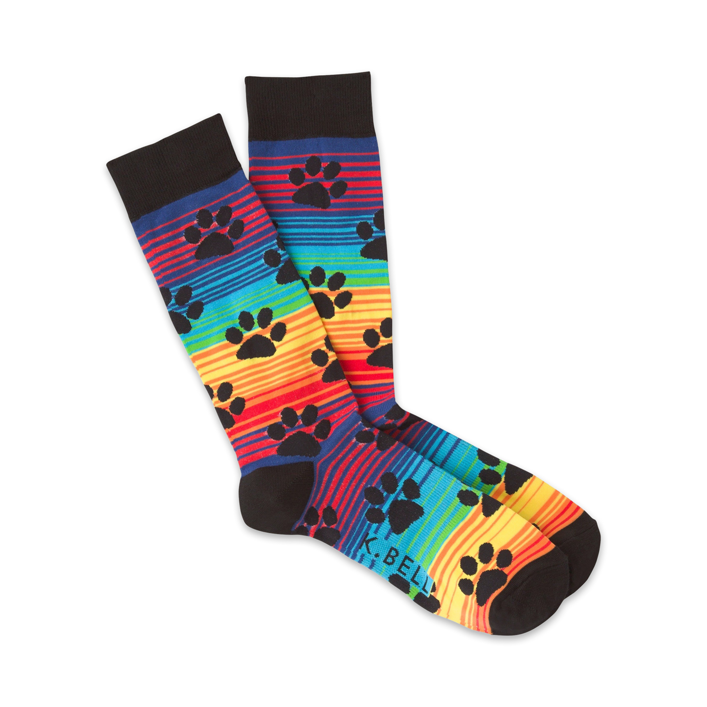 Pair of crew socks with rainbow stripes and black paw prints.  Features black cuffs and a subtle logo.