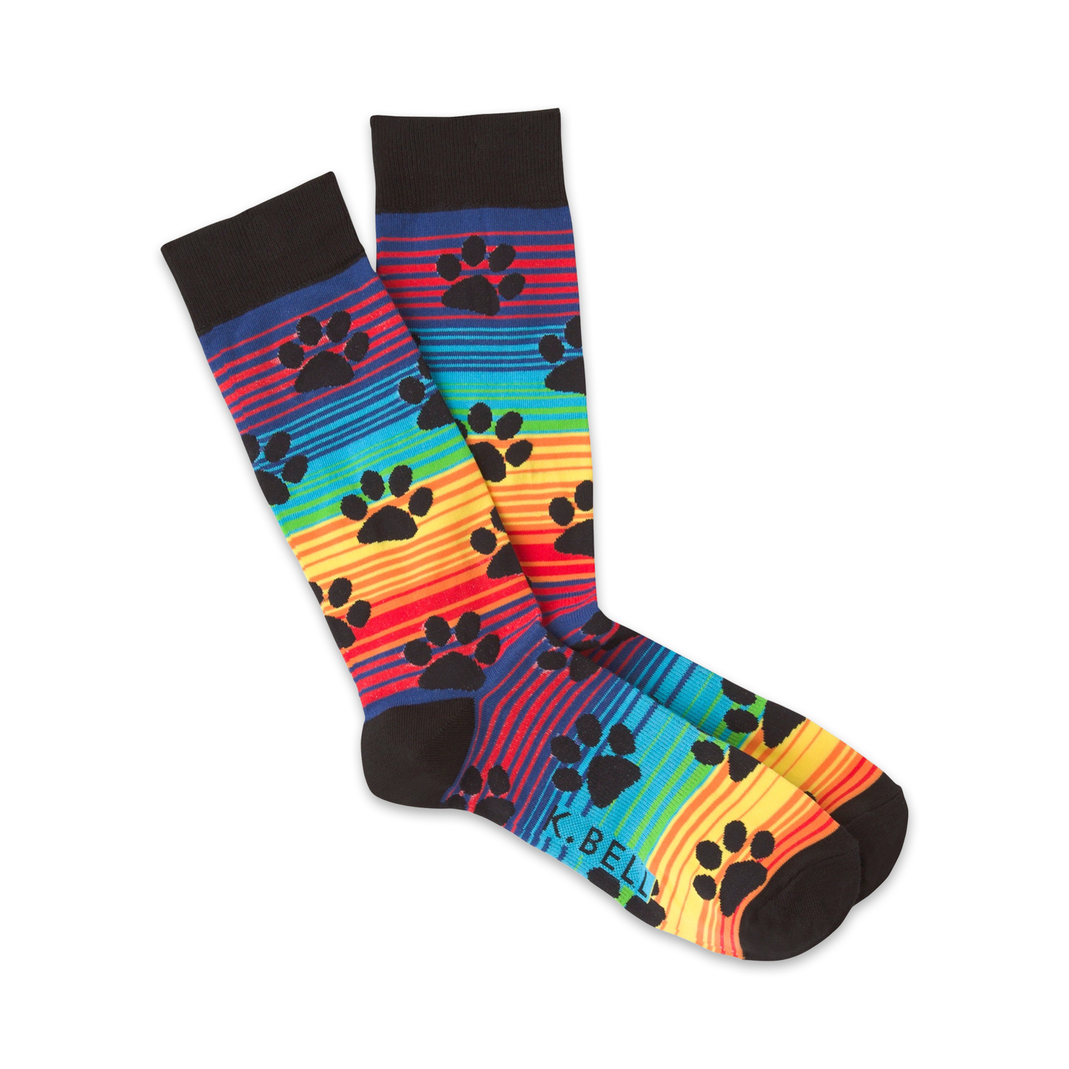 Pair of crew socks with rainbow stripes and black paw prints.  Features black cuffs and a subtle logo.