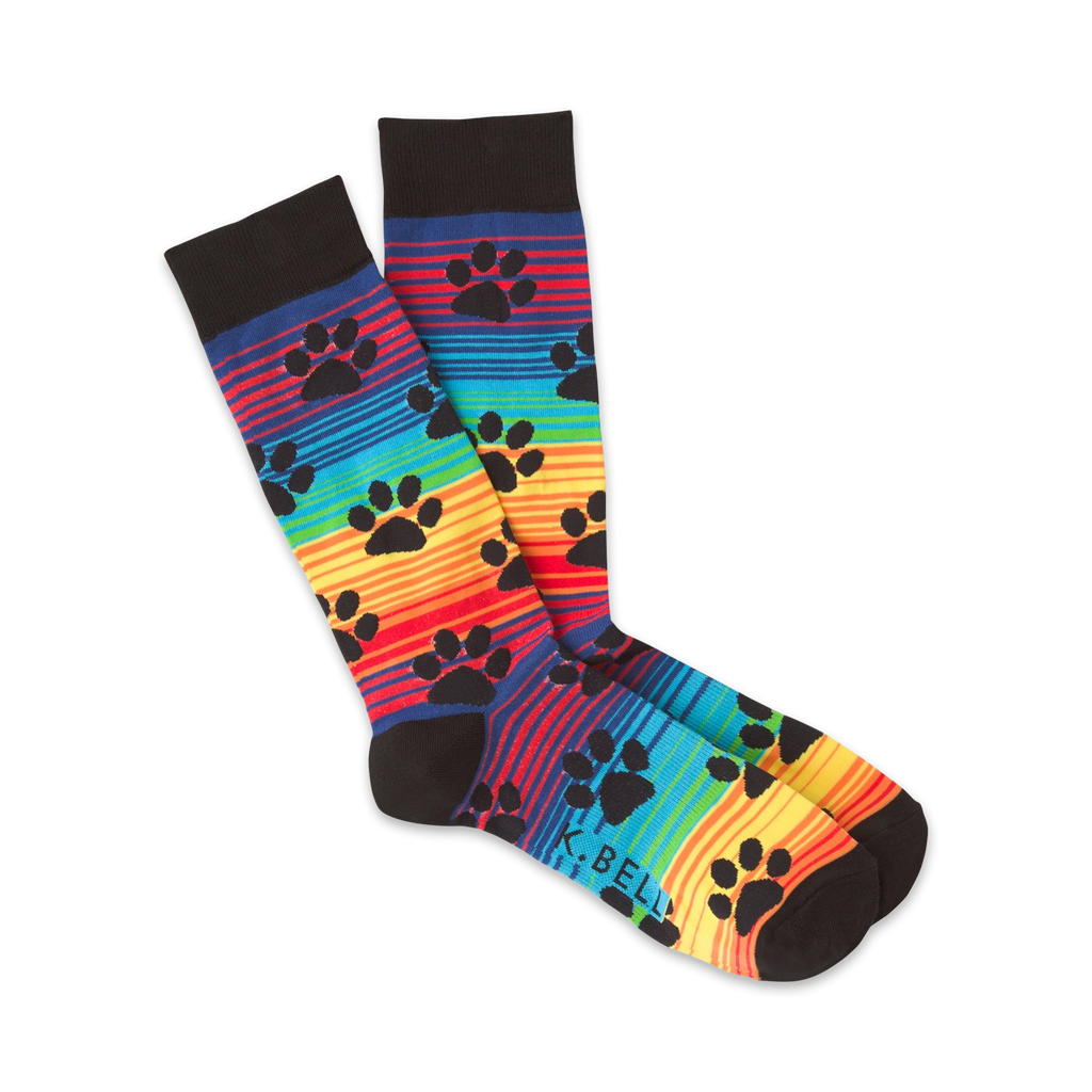 Rainbow Stripes Paw Prints Mens Dog Crew Socks | Sockologie
