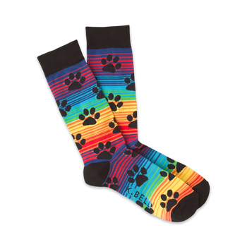 black-toe and heel crew socks with rainbow stripes and paw prints for men.  