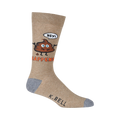 Close-up of a single tan 'Hey! Shit Happens' sock, showcasing the design details.