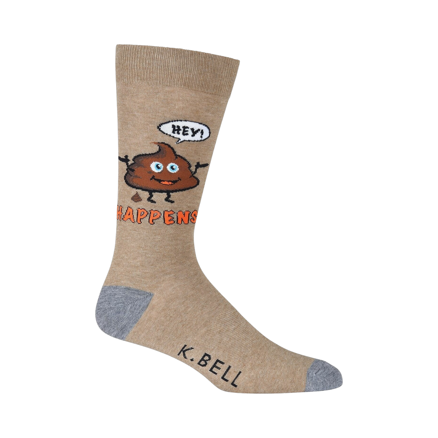 Close-up of a single tan 'Hey! Shit Happens' sock, showcasing the design details.