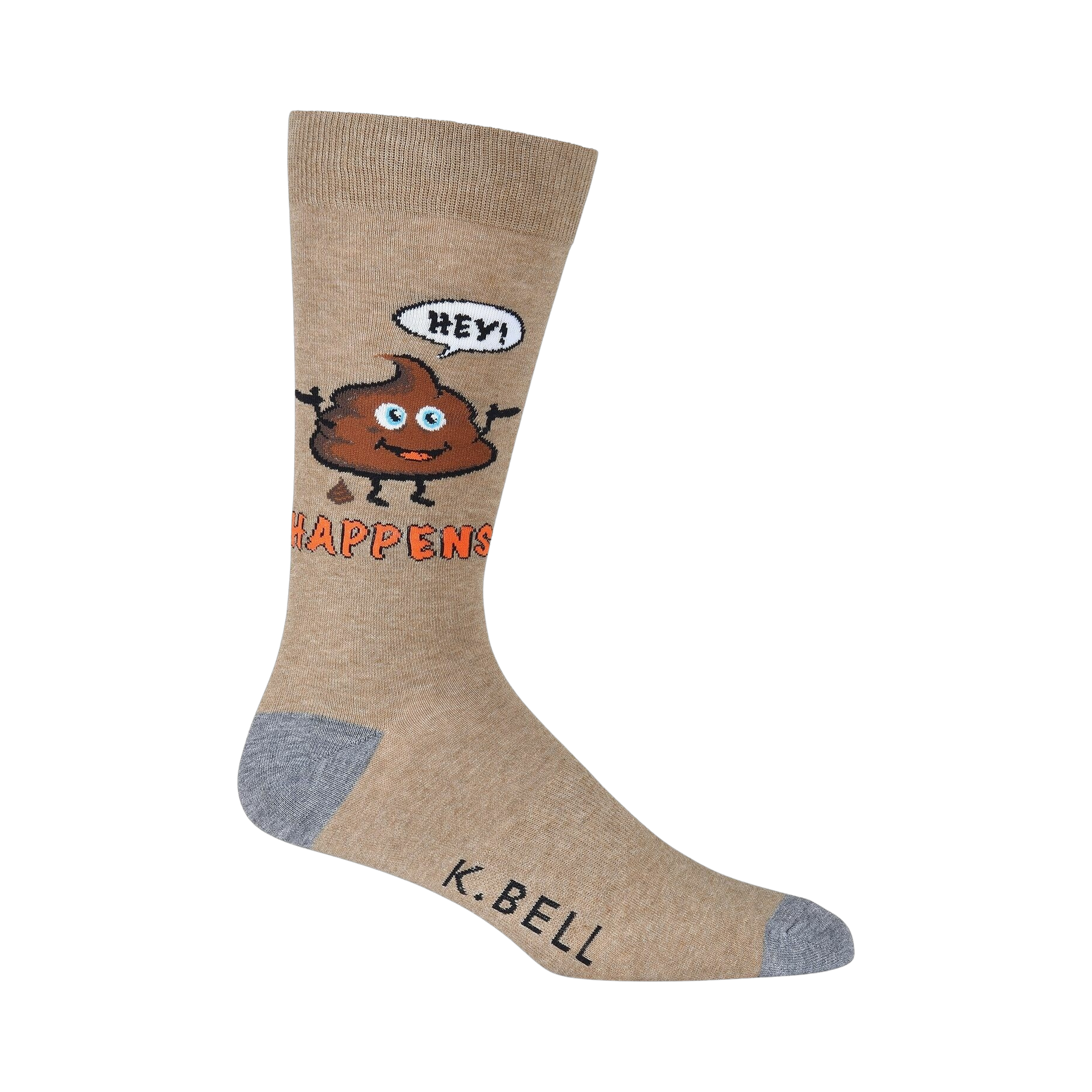 Close-up of a single tan 'Hey! Shit Happens' sock, showcasing the design details.