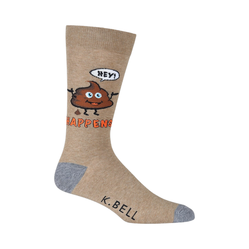 Close-up of a single tan 'Hey! Shit Happens' sock, showcasing the design details.
