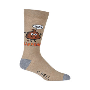Close-up of a single tan 'Hey! Shit Happens' sock, showcasing the design details.
