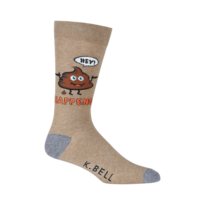 Close-up of a single tan 'Hey! Shit Happens' sock, showcasing the design details.