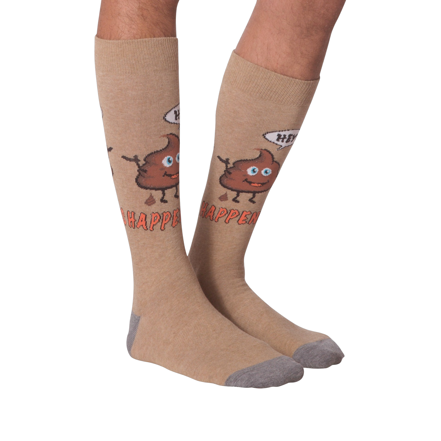 A pair of 'Hey! Shit Happens' socks laid flat to show the full design.