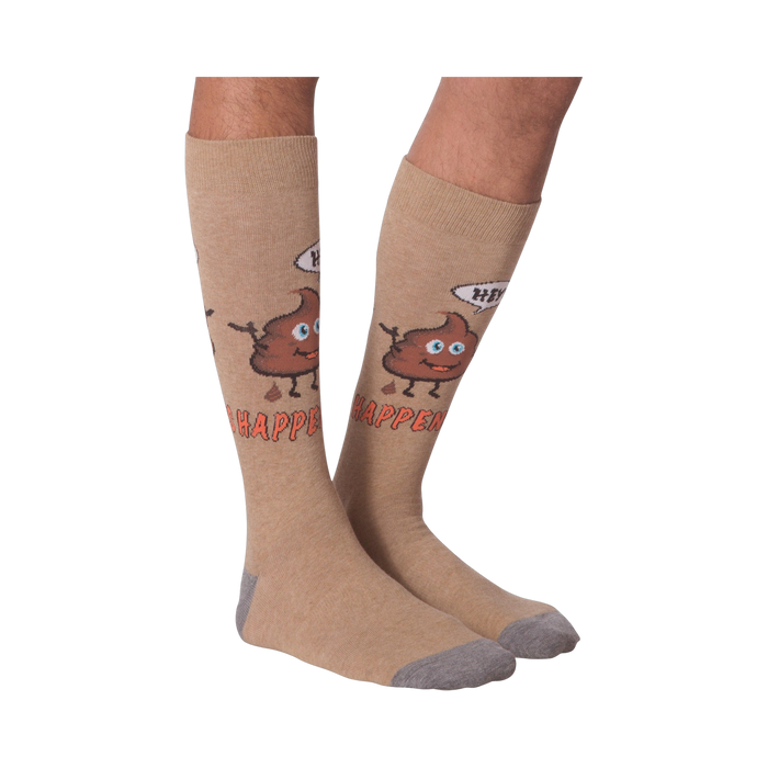 A pair of 'Hey! Shit Happens' socks laid flat to show the full design.