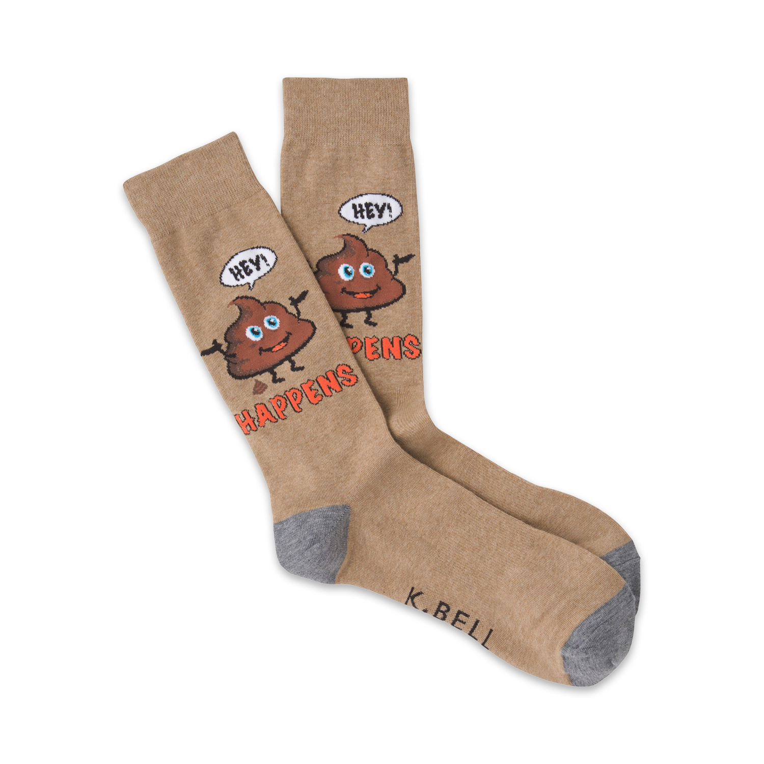 Tan crew socks with a whimsical brown poop emoji design. The emoji says 'Hey!' and the socks read 'Shit Happens'.