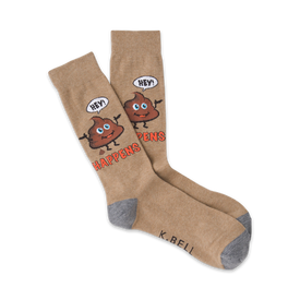brown crew socks for men featuring cartoonish poop characters saying "hey!" and "shit happens".   