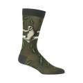 Olive green crew socks with a relaxed sloth and green leaf design.  Fun and comfortable!