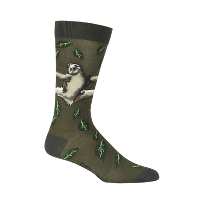Olive green crew socks with a relaxed sloth and green leaf design.  Fun and comfortable!