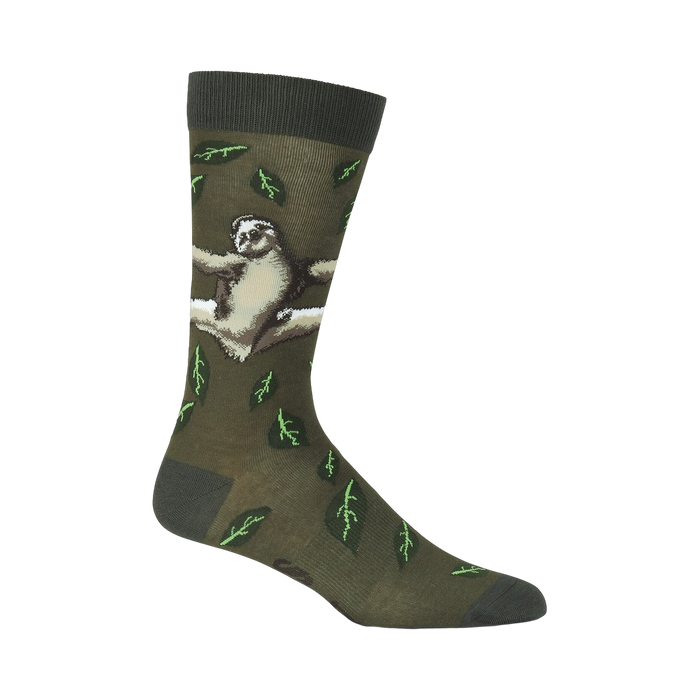 Olive green crew socks with a relaxed sloth and green leaf design.  Fun and comfortable! }}