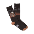 Pair of dark-grey crew socks with a tan heel and toe.  Features a beer mug graphic with the text 'I Drink & Know Things' and a repeating bottle design.