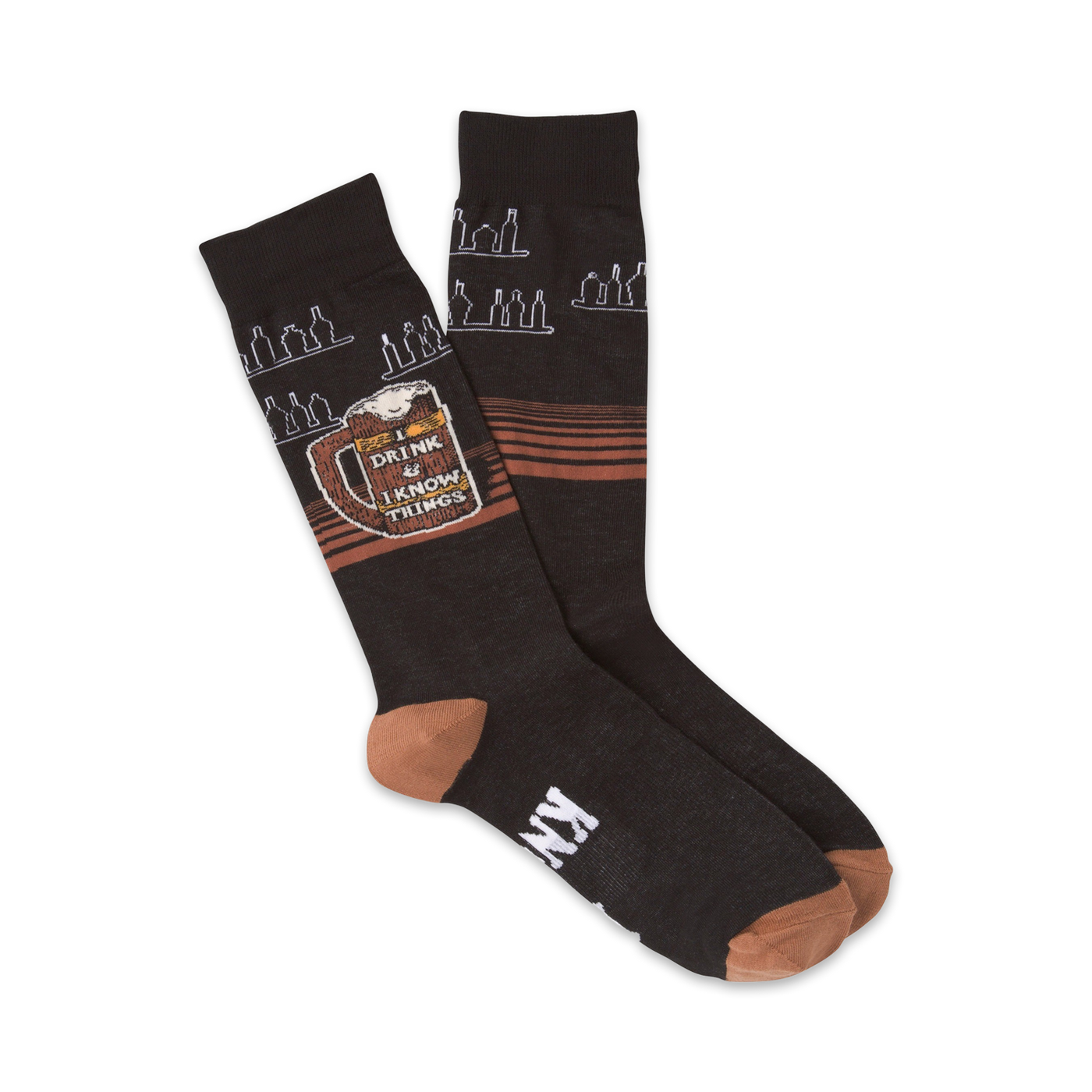 Pair of dark-grey crew socks with a tan heel and toe.  Features a beer mug graphic with the text 'I Drink & Know Things' and a repeating bottle design.
