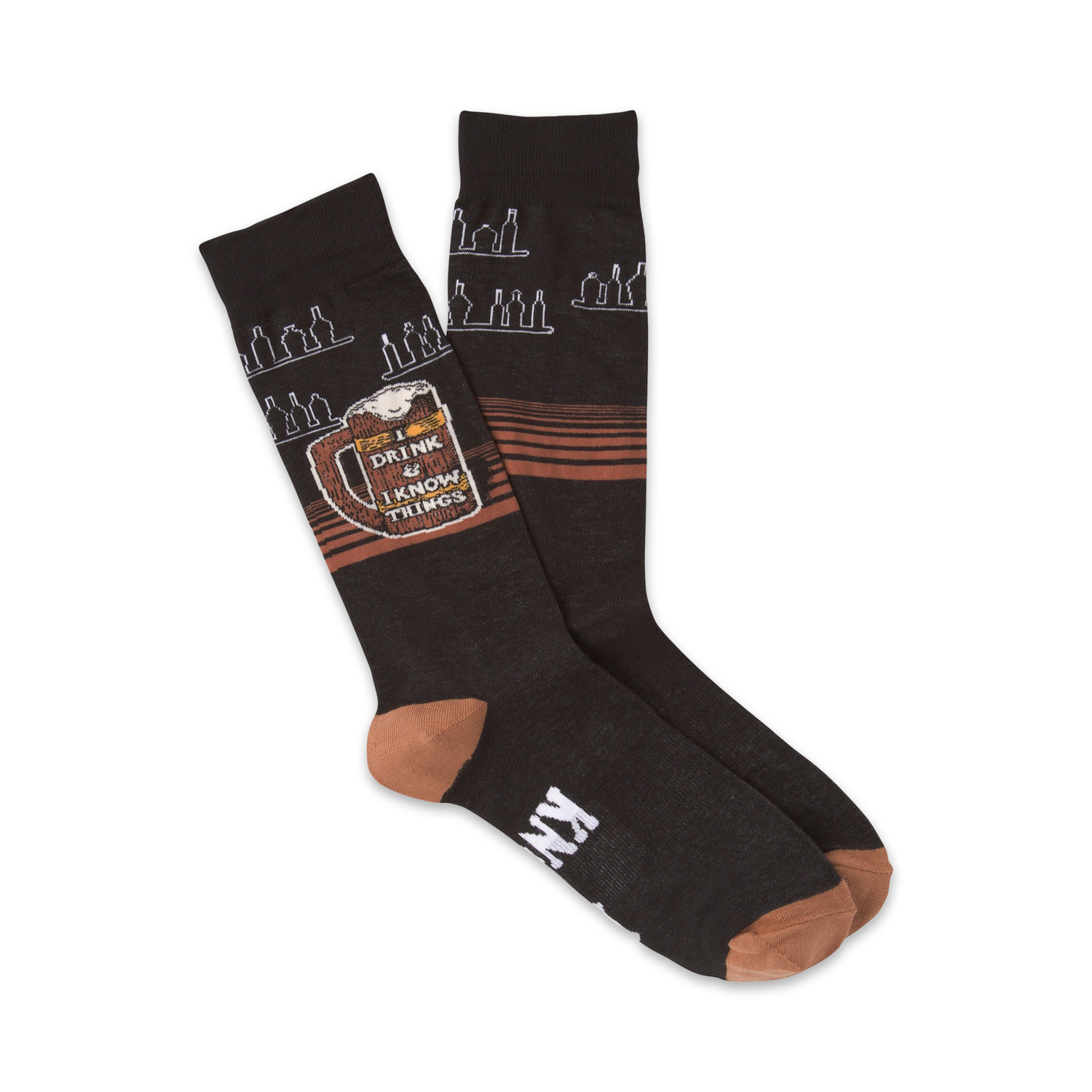 Pair of dark-grey crew socks with a tan heel and toe.  Features a beer mug graphic with the text 'I Drink & Know Things' and a repeating bottle design.