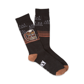 mens crew socks with brown toes, heels and cuffs that say "i drink & know things" in white text in a brown box.   