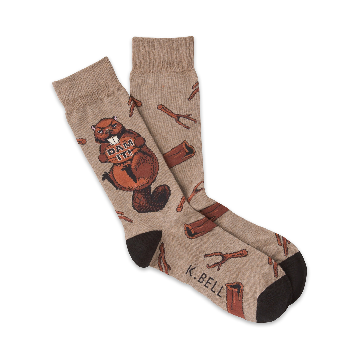 A pair of tan crew socks with a brown beaver holding a 'Dam It!' sign and wood log illustrations.  Darker brown accents at the cuffs.