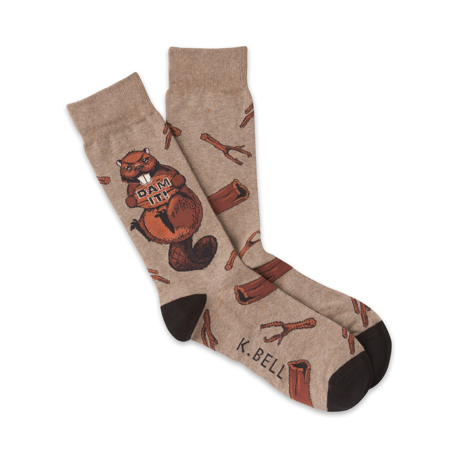 A pair of tan crew socks with a brown beaver holding a 'Dam It!' sign and wood log illustrations.  Darker brown accents at the cuffs.
