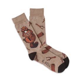 crew length mens brown socks with a pattern of twigs and a beaver holding a sign that says "dam it!".   