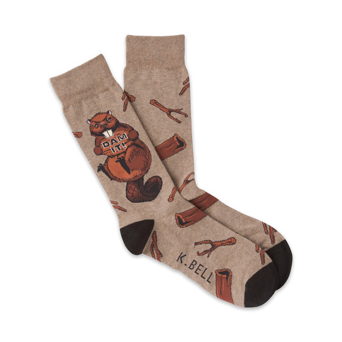 crew length mens brown socks with a pattern of twigs and a beaver holding a sign that says 