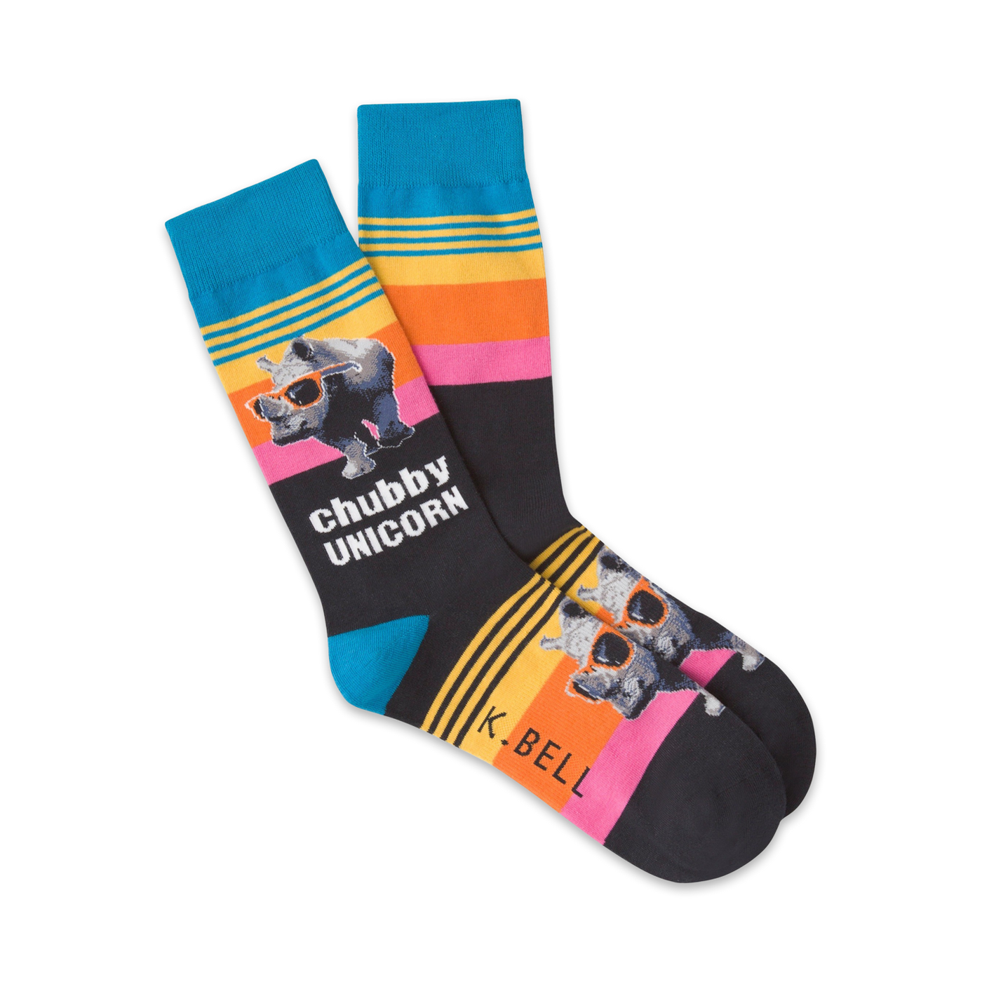 A pair of crew socks in teal, black, yellow, orange, and pink, features a graphic of a rhino wearing sunglasses and the words 'chubby unicorn'.