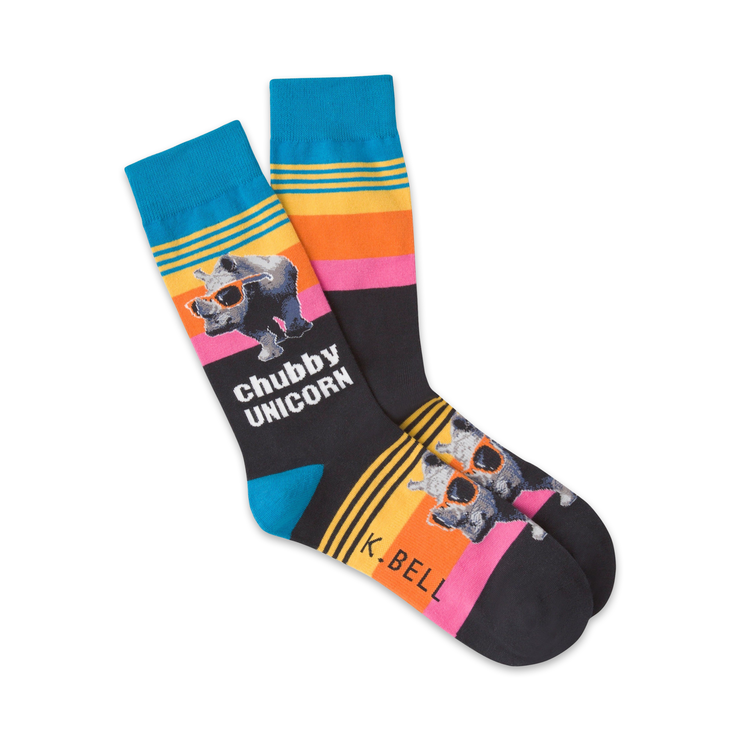 A pair of crew socks in teal, black, yellow, orange, and pink, features a graphic of a rhino wearing sunglasses and the words 'chubby unicorn'.