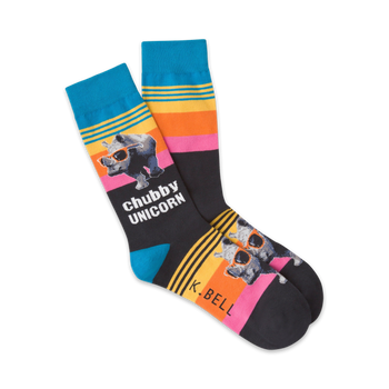 crew length men's socks with colorful stripes, chubby unicorns, and "chubby unicorn" text.  