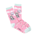 Crew socks in pink with a grey cat unicorn design, rainbows, and clouds. The words 'Meow, I'm a Unicorn' are in a speech bubble.