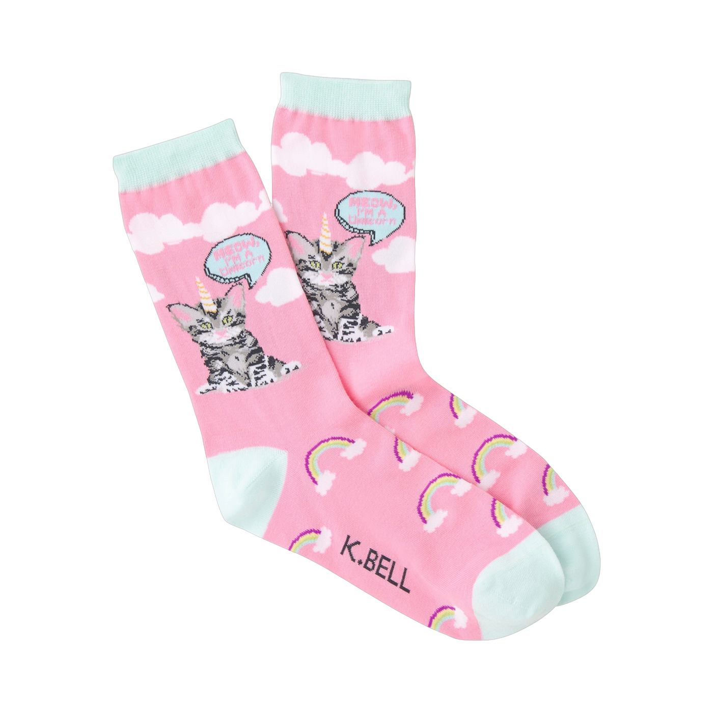 Crew socks in pink with a grey cat unicorn design, rainbows, and clouds. The words 'Meow, I'm a Unicorn' are in a speech bubble.