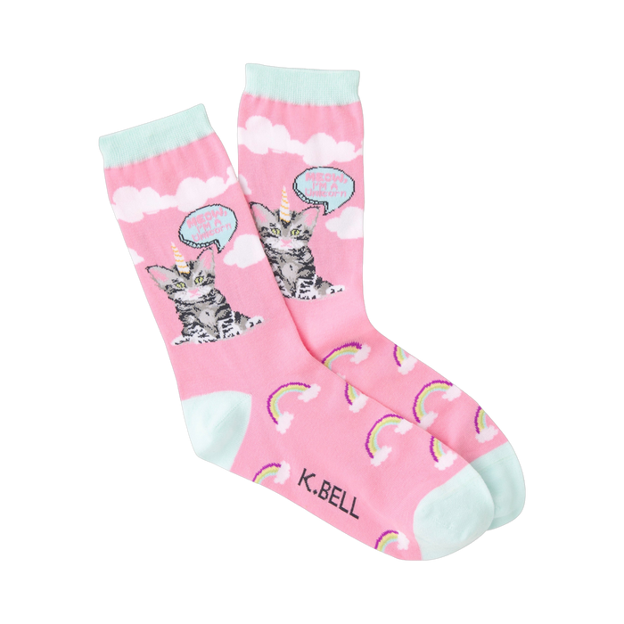 Crew socks in pink with a grey cat unicorn design, rainbows, and clouds. The words 'Meow, I'm a Unicorn' are in a speech bubble. }}