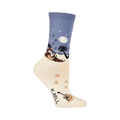 Crew socks showing a cat playing guitar on a beach at night.  The main colors are cream, blue, and brown.