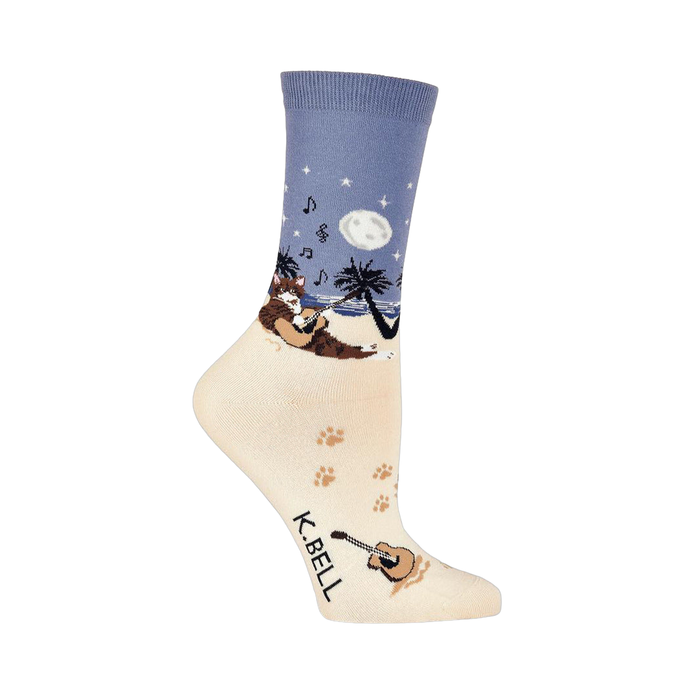 Crew socks showing a cat playing guitar on a beach at night.  The main colors are cream, blue, and brown.