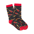 Pair of crew socks with a dark background featuring red and yellow chili peppers and hot sauce bottles.  Red cuffs.