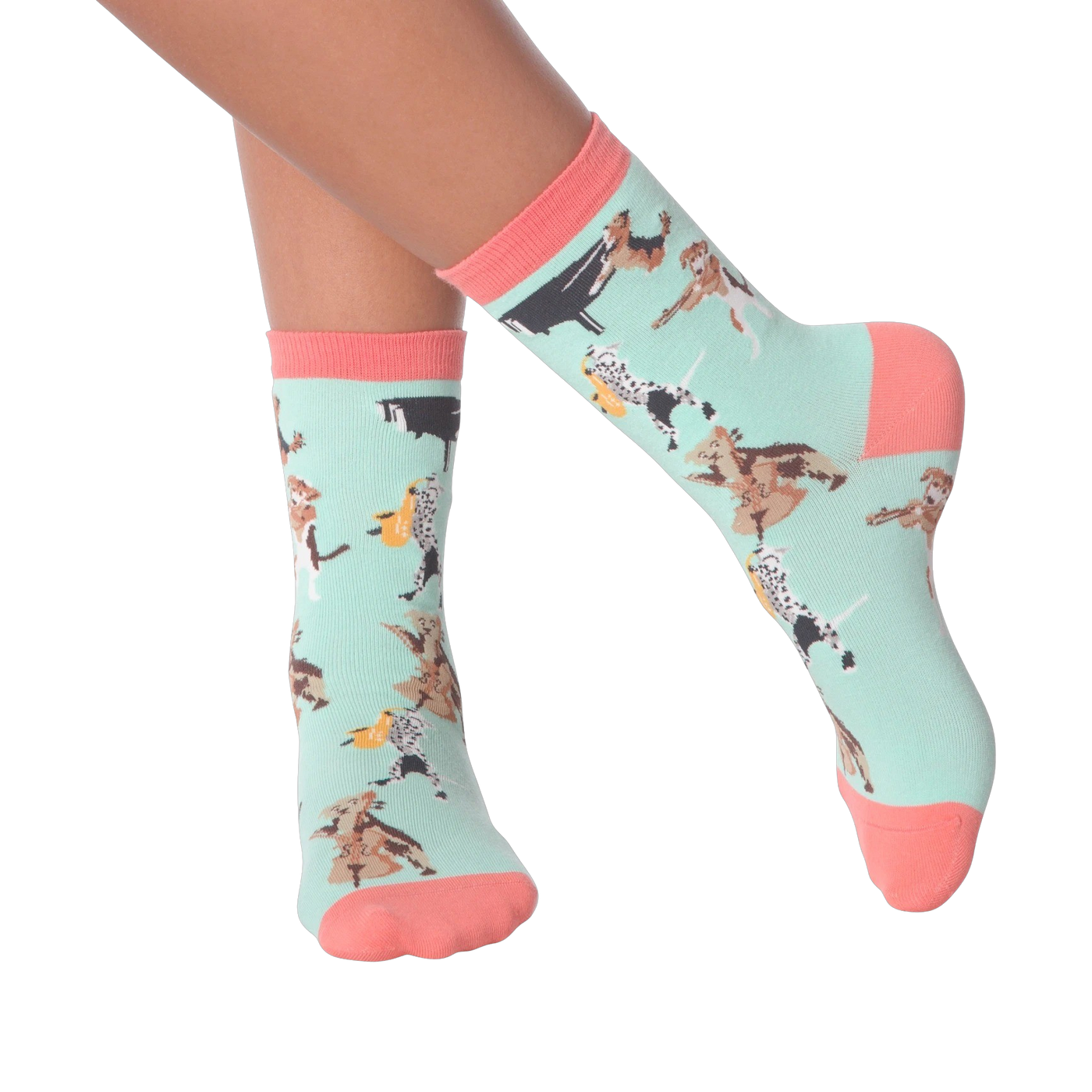 Lifestyle shot of a person wearing the Musical Dogs socks, showcasing how they look on the feet.