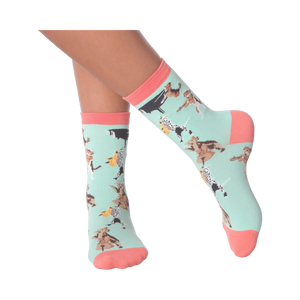 Lifestyle shot of a person wearing the Musical Dogs socks, showcasing how they look on the feet.