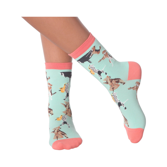 Lifestyle shot of a person wearing the Musical Dogs socks, showcasing how they look on the feet.