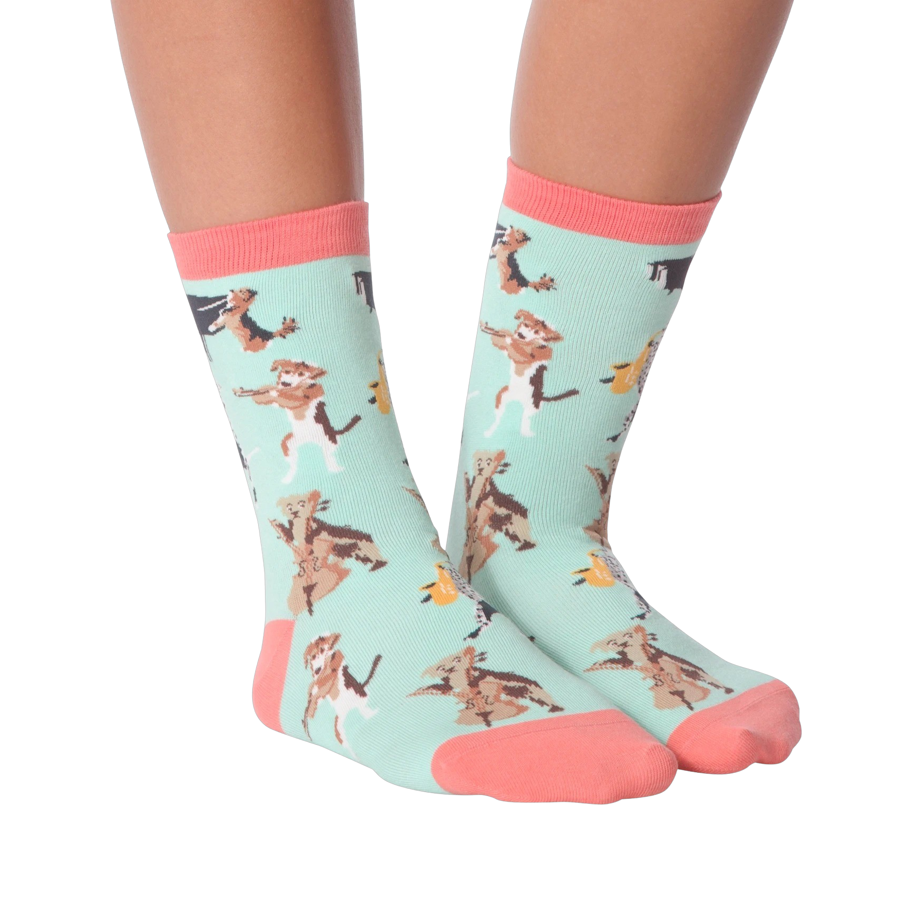 Flat lay product shot of the Musical Dogs socks, highlighting the design detail from a birds-eye perspective.
