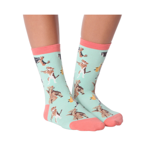 Flat lay product shot of the Musical Dogs socks, highlighting the design detail from a birds-eye perspective.