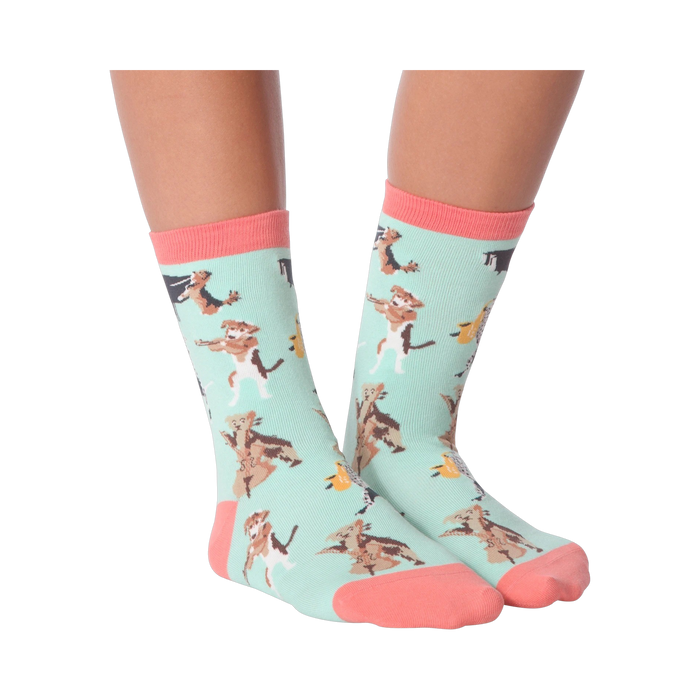 Flat lay product shot of the Musical Dogs socks, highlighting the design detail from a birds-eye perspective.