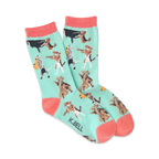 Crew socks in mint green with coral cuffs.  The design features various breeds of dogs playing musical instruments like the piano, cello, and saxophone.