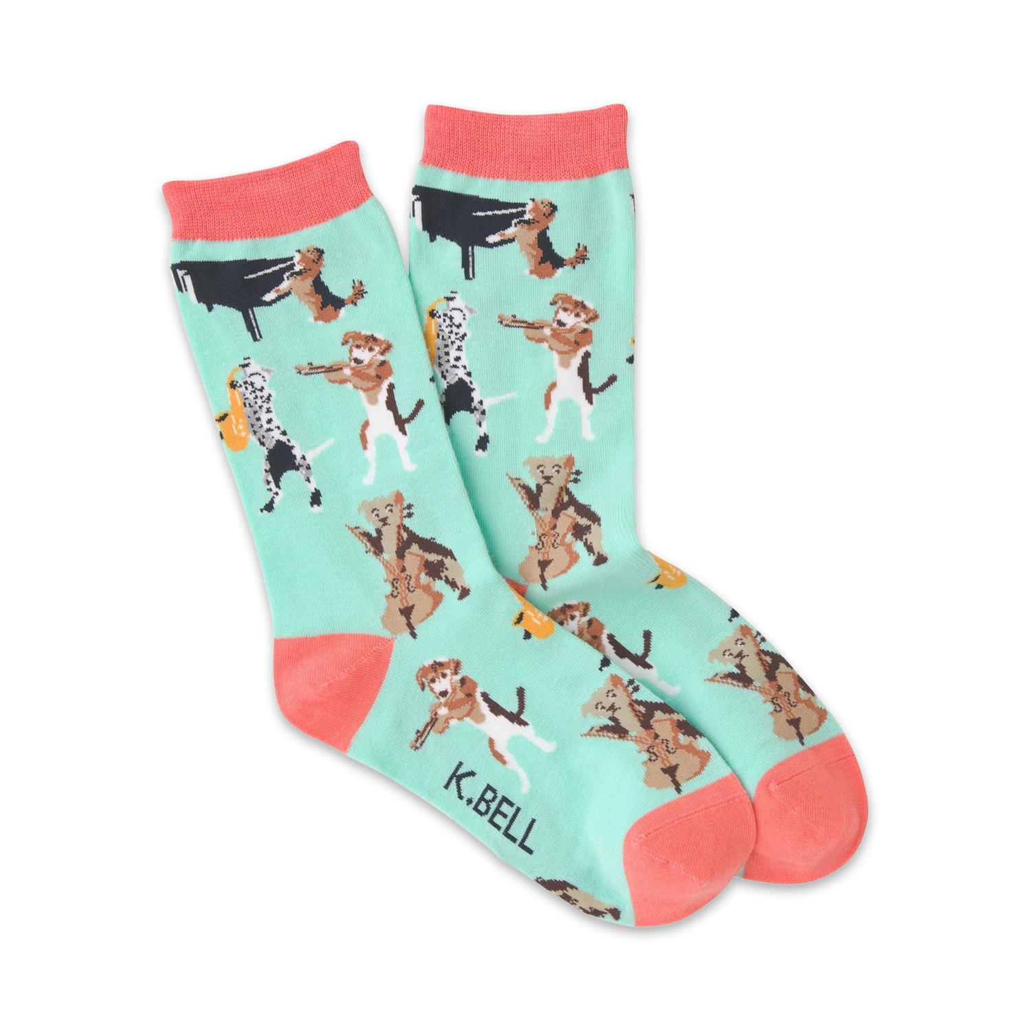 Crew socks in mint green with coral cuffs.  The design features various breeds of dogs playing musical instruments like the piano, cello, and saxophone.