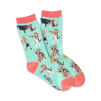 mint green crew socks with playful cartoon dogs playing instruments   
