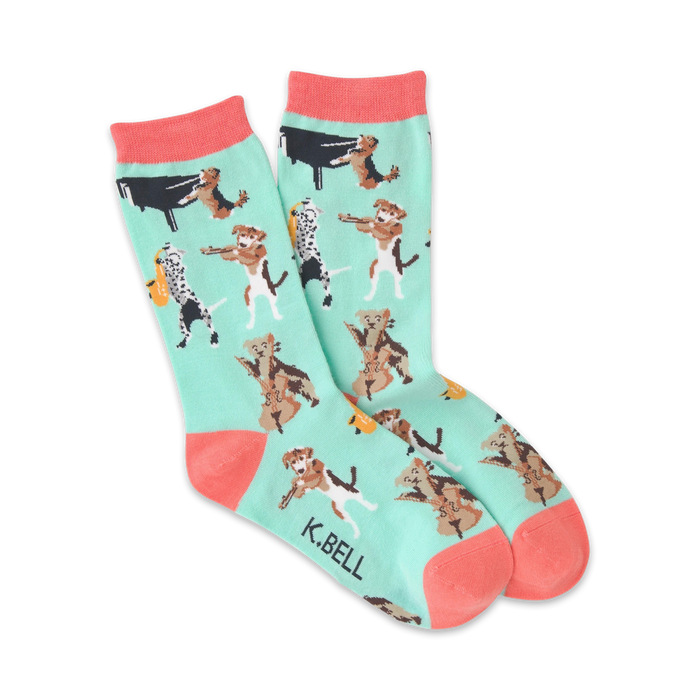 mint green crew socks with playful cartoon dogs playing instruments   