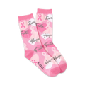 Pair of pink crew socks with pink ribbons, hearts, and the words 'Faith,' 'Hope,' and 'Love' in gray.  A subtle K.Bell logo is visible.