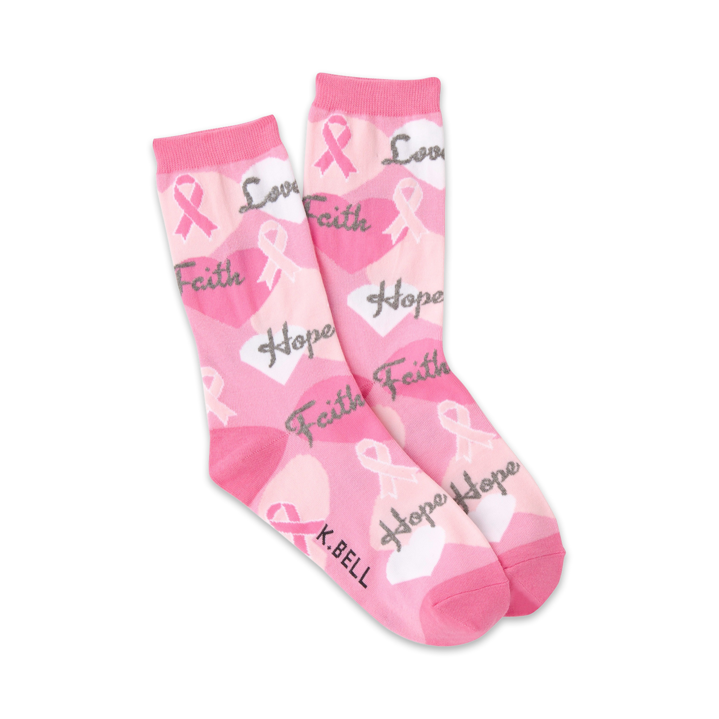Pair of pink crew socks with pink ribbons, hearts, and the words 'Faith,' 'Hope,' and 'Love' in gray.  A subtle K.Bell logo is visible.