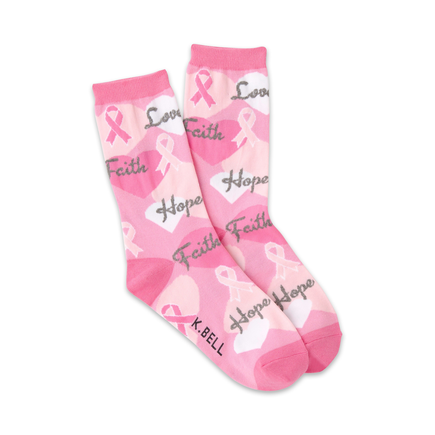Pair of pink crew socks with pink ribbons, hearts, and the words 'Faith,' 'Hope,' and 'Love' in gray.  A subtle K.Bell logo is visible.
