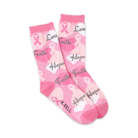 pink crew socks with ribbon and heart design. breast cancer awareness socks for women.  